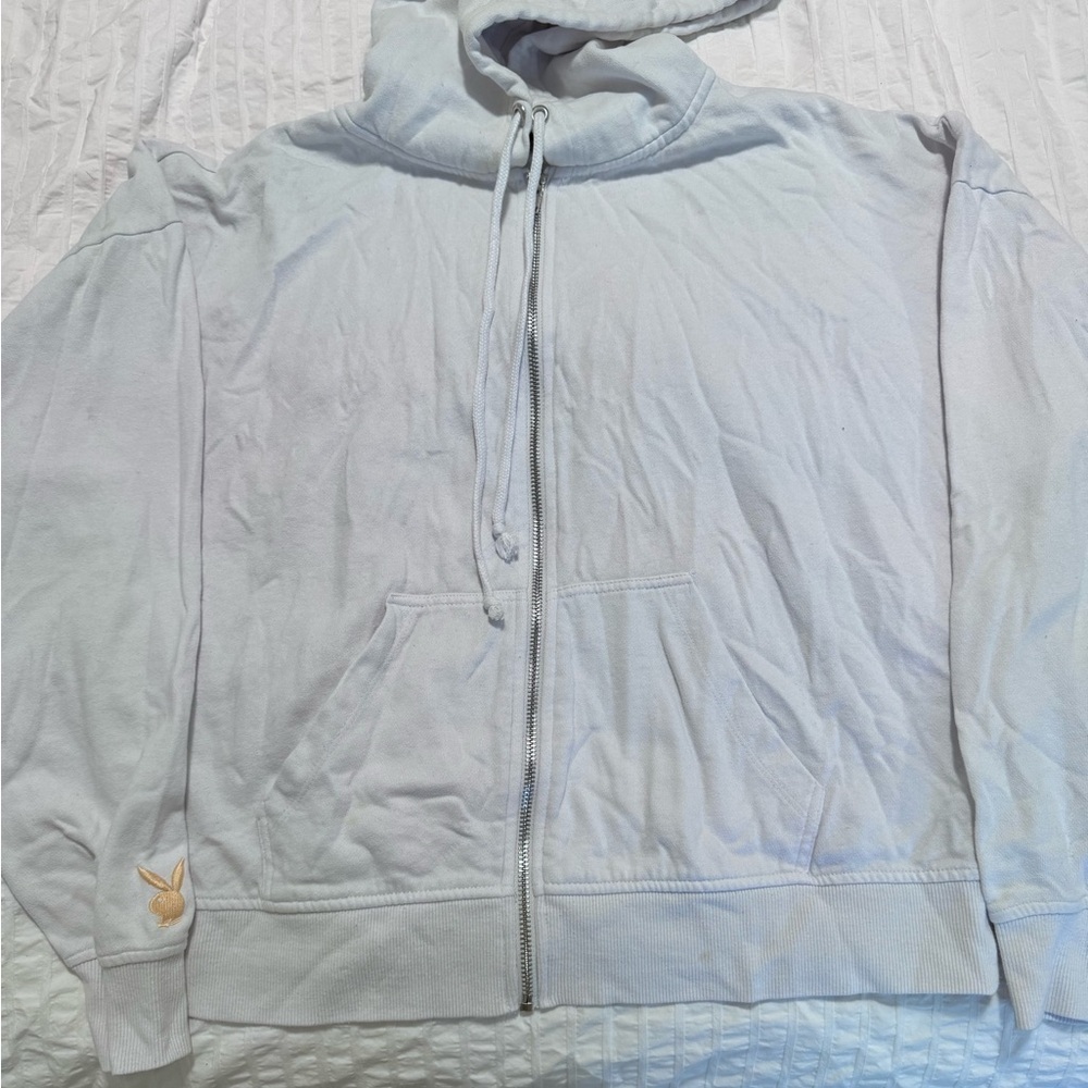 Playboy x PacSun White Zip Hoodie – Soft Cotton, Iconic Bunny Logo (Size S)